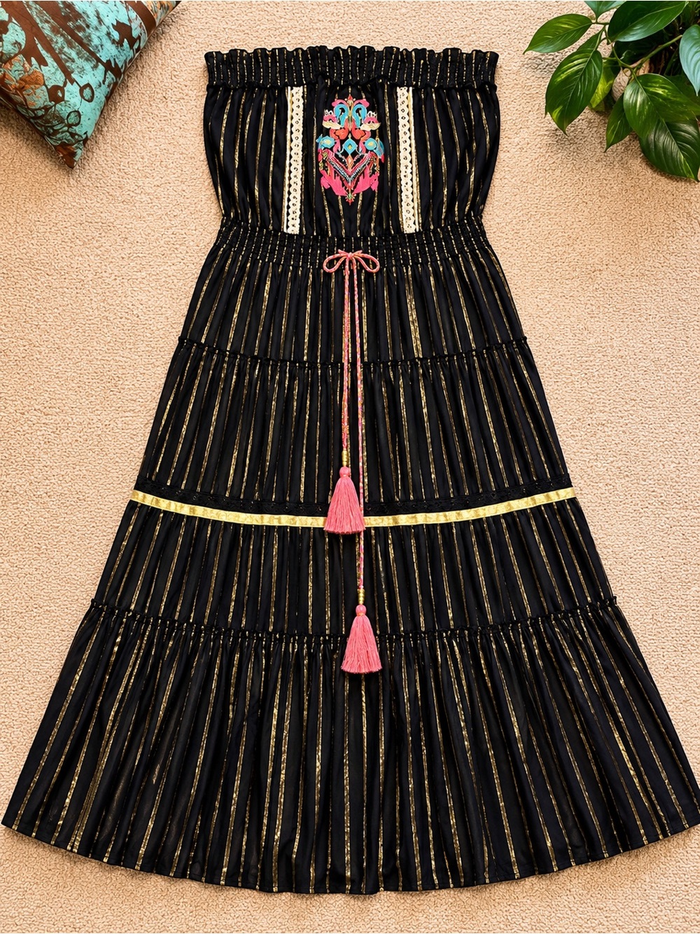 Black Gauze Strapless Dress with Pink Tassel Detail XL